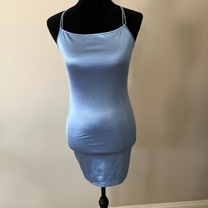 Divided Light Blue Satin Slip Dress with Double Spaghetti Straps